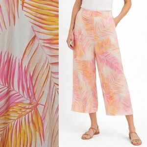Tahari 100% Linen Wide Leg Crop Pants Size M Resort Tropical Palm Coastal